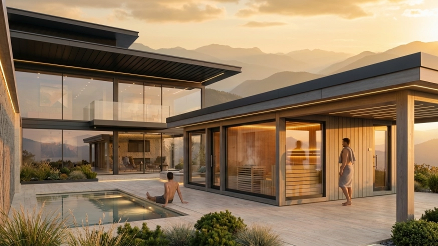 Outdoor premium sauna house in a private penthouse with panoramic view